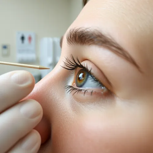 Eine detaillierte Nahaufnahme einer Akupunkturbehandlung am Auge mit feinen Nadeln